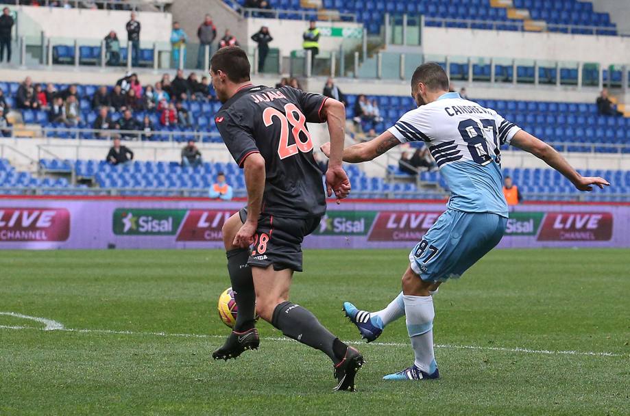 La conclusione di Candreva  precisa e si conclude all&#39;incrocio dei pali: Lazio-Palermo finir 2-1